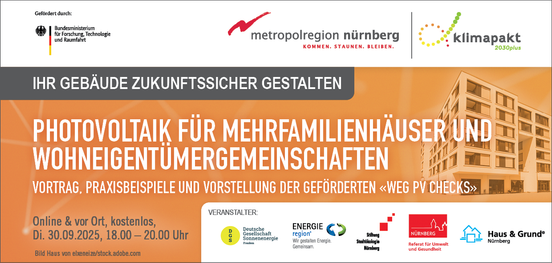 Photovoltaik für Mehrfamilienhäuser und Wohneigentümergemeinschaften.  Dienstag, 30.09.2025, Vortrag, Praxisbeispiele und Vorstellung der geförderten «WEG PV Checks»