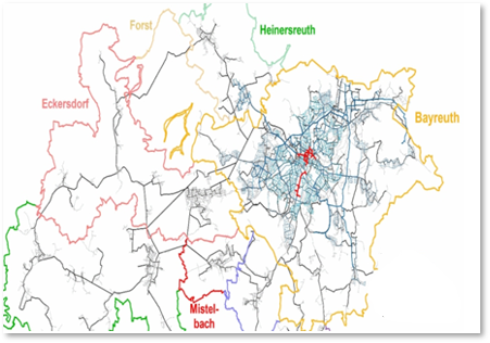 Räumlicher Umfang der Energiesystem-Simulation ESM-Regio mit Stadt Bayreuth und  Teilen des umliegenden Landkreises