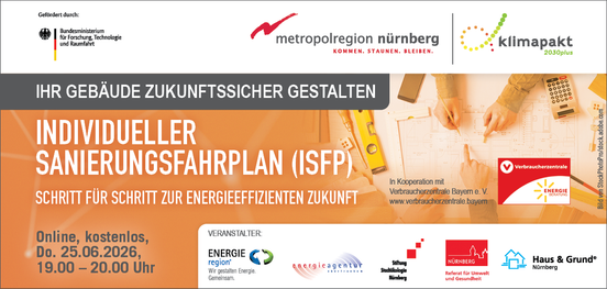 Banner zur kostenlosen Online-Veranstaltung: Individueller Sanierungsfahrplan (iSFP), Donnerstag, 25.06.2026, 19.00 – 20:00 Uhr