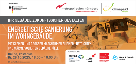 Banner Online-Vortrag: «Energetische Sanierung im Wohngebäude – Mit kleinen und großen Maßnahmen zu einer luftdichten und wärmeisolierten Gebäudehülle.»