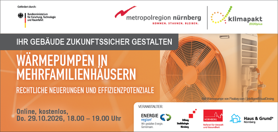 Banner zum kostenlosen Online-Vortrag: Wärmepumpen in Mehrfamilienhäusern – rechtliche Neuerungen und Effizienzpotenziale, Donnerstag, 29.10.2026, 18:00 – 19:00 Uhr