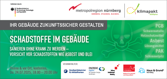 Banner zum Vortrag: «Schadstoffe im Gebäude: Sanieren ohne krank zu werden – Vorsicht vor Schadstoffen wie Asbest und Blei»