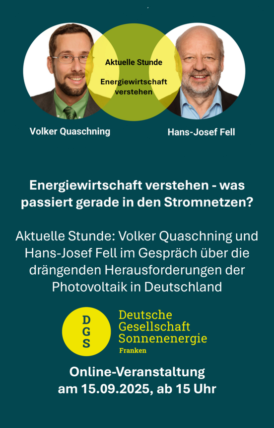 Online-Veranstaltung «Aktuelle Stunde»: Volker Quaschning und Hans-Josef Fell im Gespräch über die drängenden Herausforderungen der Photovoltaik in Deutschland