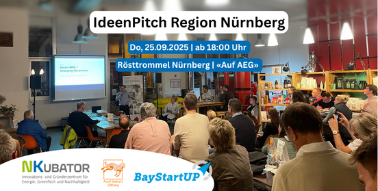 Banner zum IdeenPitch Region Nürnberg und Verleihung des Green Impact Award 2025 am 25.09.2025 in der Rösttrommel auf AEG
