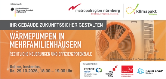 Banner zum kostenlosen Online-Vortrag: Wärmepumpen in Mehrfamilienhäusern – rechtliche Neuerungen und Effizienzpotenziale, Donnerstag, 29.10.2026, 18:00 – 19:00 Uhr